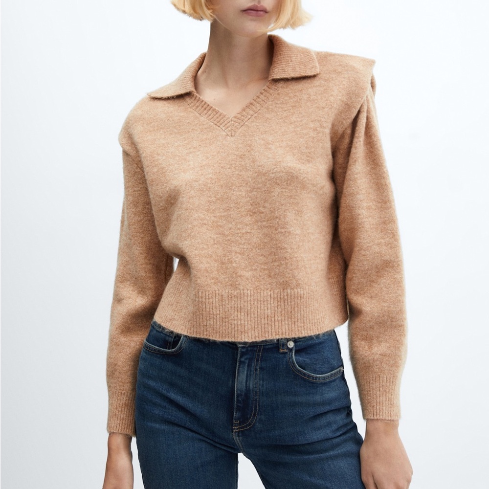 Mango MNG Polo Neck Cozy Tan Knit Sweater with padded shoulders